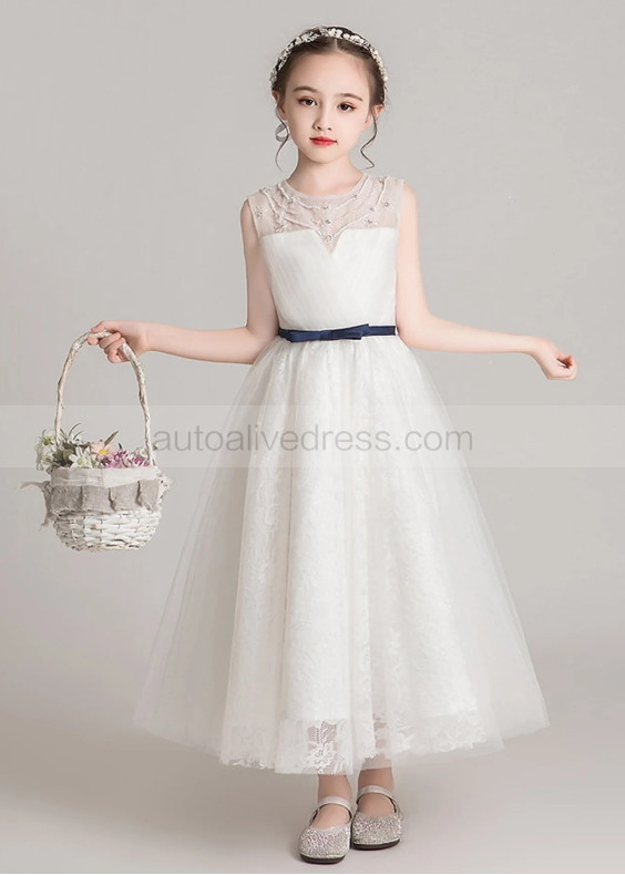 Beaded Ivory Lace Tulle Tea Length Flower Girl Dress